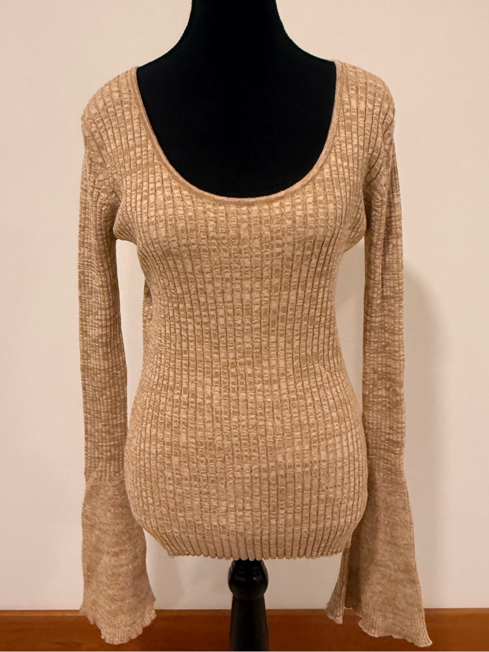 Anna Quan Beige Ribbed Scoop Neck Sweater